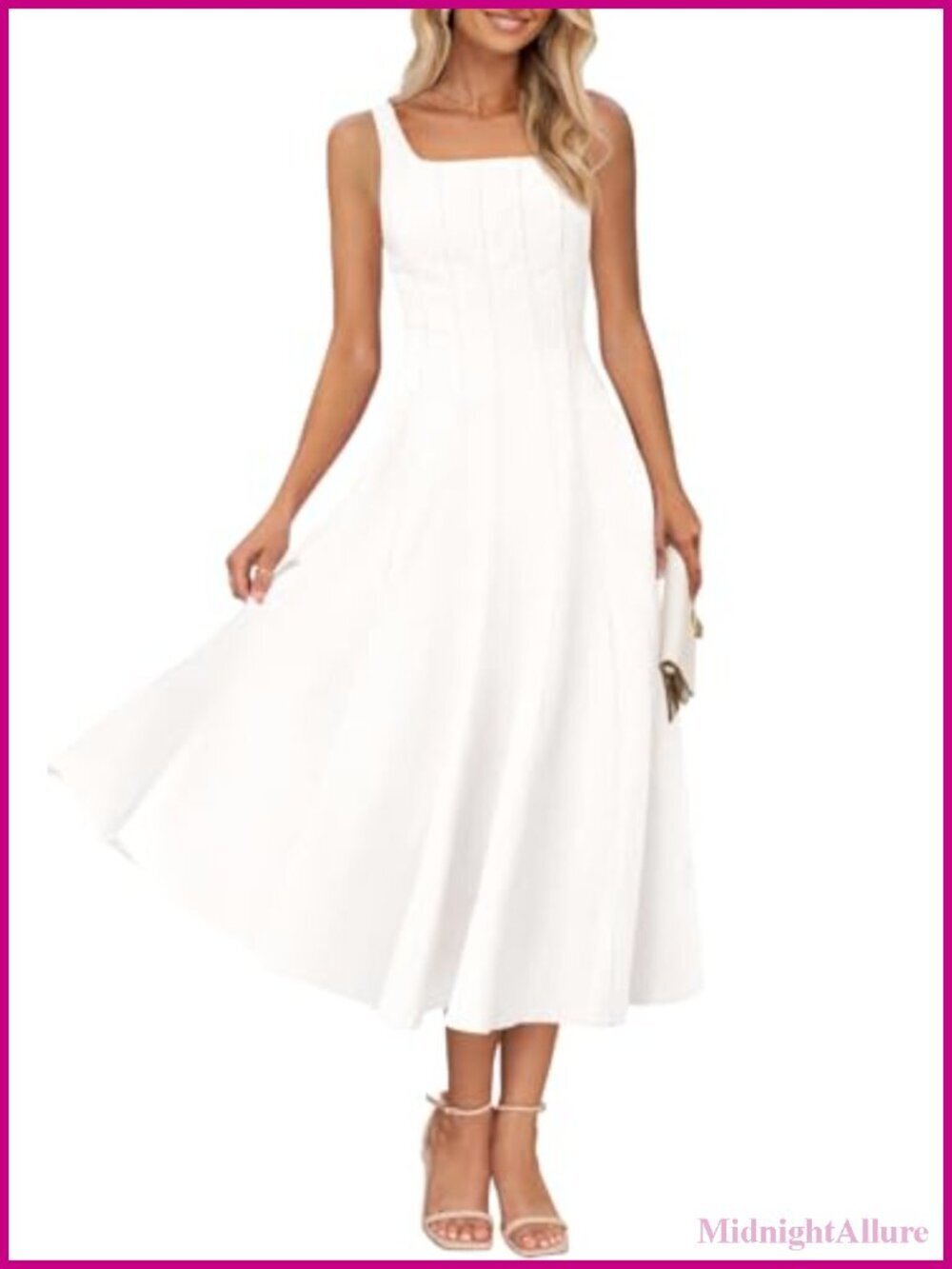 Sleeveless Square Neck Midi Dress Flowy A-Line Beach Dresses with Pockets